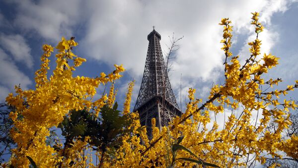 The Eiffel Tower rises from behind blossoming flowers and trees on a Spring day, in Paris, France - Sputnik International