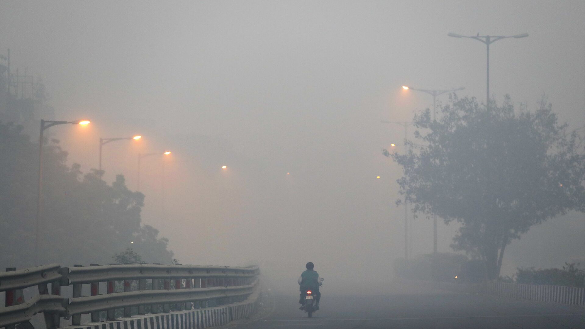 A man rides a scooter on a road enveloped by smoke and smog, on the morning following Diwali festival in New Delhi, India, Monday, Oct. 31, 2016.  - Sputnik International, 1920, 06.11.2021