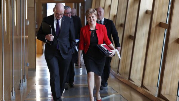 Scotland's First Minister Nicola Sturgeon and Deputy First Minister John Swinney arrive at the Scottish Parliament ahead of a referendum debate in Edinburgh Scotland , Scotland, Britain March 21, 2017. - Sputnik International