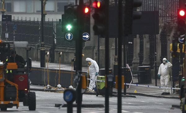 Forensics investigators and police officers work at the site near Westminster Bridge the morning after an attack by a man driving a car and weilding a knife left five people dead and dozens injured, in London, Britain, March 23, 2017. Forensics investigators and police officers work at the site near Westminster Bridge the morning after an attack by a man driving a car and weilding a knife left five people dead and dozens injured, in London, Britain, March 23, 2017. - Sputnik International