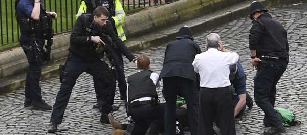 A policeman points a gun at a man on the floor as emergency services attend the scene outside the Palace of Westminster, London, Wednesday, March 22, 2017. A policeman points a gun at a man on the floor as emergency services attend the scene outside the Palace of Westminster, London, Wednesday, March 22, 2017. - Sputnik International