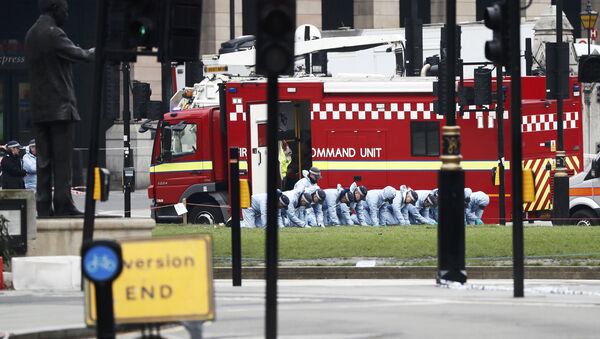 Police officers search an area of Parliament Square the morning after an attack in London, Britain, March 23, 2017. - Sputnik International