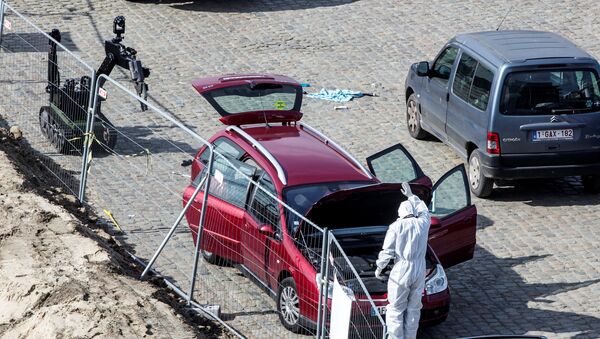 A forensics expert stands next to a car which had entered the main pedestrian shopping street in the city at high speed, in Antwerp, Belgium - Sputnik International