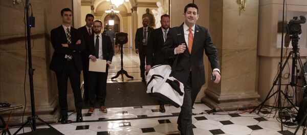 House Speaker Paul Ryan of Wis. strides to his office on Capitol Hill in Washington, Thursday, March 23, 2017, as he and the Republican leadership scramble for votes on their health care overhaul in the face of opposition from reluctant conservatives in the House Freedom Caucus. House Speaker Paul Ryan of Wis. strides to his office on Capitol Hill in Washington, Thursday, March 23, 2017, as he and the Republican leadership scramble for votes on their health care overhaul in the face of opposition from reluctant conservatives in the House Freedom Caucus. - Sputnik International