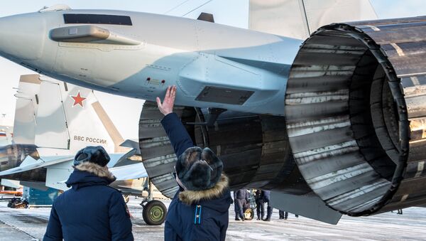 Military pilots inspect new aircraft. Su-35S Super-Flanker fighters were handed over to the 6th Leningrad Red Banner Army of the Russian Air Forces and and Air Defense Forces at the Besovets airfield in Karelia - Sputnik International