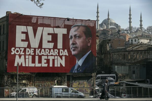 A poster of Turkey's President Recep Tayyip Erdogan for the upcoming referendum is seen backdropped by the Suleymaniye Mosque in Istanbul, Friday, March 24, 2017 A poster of Turkey's President Recep Tayyip Erdogan for the upcoming referendum is seen backdropped by the Suleymaniye Mosque in Istanbul, Friday, March 24, 2017 - Sputnik International