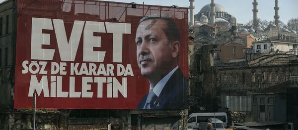 A poster of Turkey's President Recep Tayyip Erdogan for the upcoming referendum is seen backdropped by the Suleymaniye Mosque in Istanbul, Friday, March 24, 2017 A poster of Turkey's President Recep Tayyip Erdogan for the upcoming referendum is seen backdropped by the Suleymaniye Mosque in Istanbul, Friday, March 24, 2017 - Sputnik International
