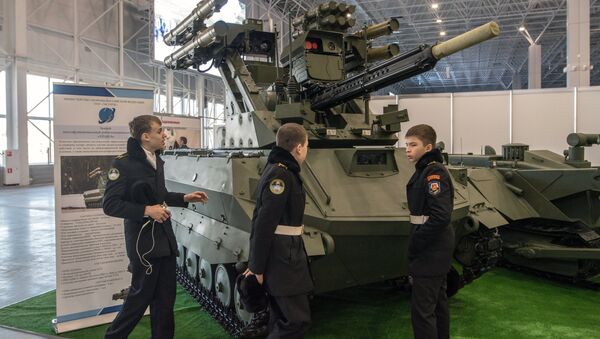 Uran 9 fighting multi-purpose robotics complex at the exhibition during the Robotization of the Russian Armed Forces 2nd Military & Scientific Conference at Patriot Congress and Exhibition Center. File photo - Sputnik International