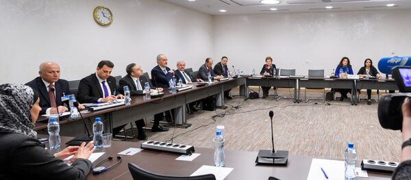 General view of the Syrian government delegation the start of a meeting between UN Special Envoy for Syria and Syria's government delegation during Syria peace talks in Geneva, Switzerland March 25, 2017 General view of the Syrian government delegation the start of a meeting between UN Special Envoy for Syria and Syria's government delegation during Syria peace talks in Geneva, Switzerland March 25, 2017 - Sputnik International