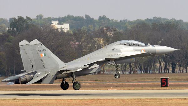 A Sukhoi Su-30MKI combat aircraft of the Indian Air Force takes off during an aerial display at Yelahanka Air Force Station on the inaugural day of the 11th edition of 'Aero India', a biennial air show and aviation exhibition, in Bangalore on February 14, 2017 - Sputnik International