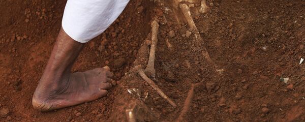 In this Jan 2, 2013 photo, a hospital worker walks by a partially excavated skeleton, at a mass grave found inside the premises of a government hospital in Matale, about 140 kilometers (about 88 miles) north east of Colombo, Sri Lanka. - Sputnik International