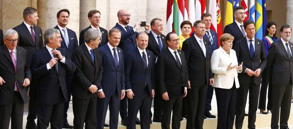 European Union leaders pose for a family photo during a meeting on the 60th anniversary of the Treaty of Rome, in Rome, Italy March 25, 2017 European Union leaders pose for a family photo during a meeting on the 60th anniversary of the Treaty of Rome, in Rome, Italy March 25, 2017 - Sputnik International