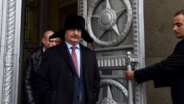 Marshal Khalifa Haftar, chief of the Libyan National Army, leaves the main building of Russia's Foreign Ministry after a meeting with Russian Minister of Foreign Affairs in Moscow on November 29, 2016 - Sputnik International
