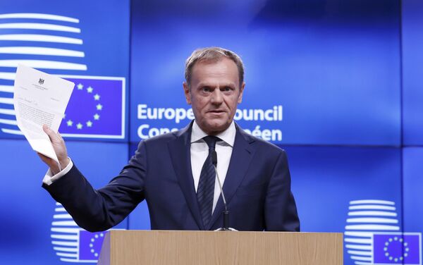 European Council President Donald Tusk holds a news conference after receiving British Prime Minister Theresa May's Brexit letter in notice of the UK's intention to leave the bloc under Article 50 of the EU's Lisbon Treaty to EU Council President Donald Tusk in Brussels, Belgium March 29, 2017. European Council President Donald Tusk holds a news conference after receiving British Prime Minister Theresa May's Brexit letter in notice of the UK's intention to leave the bloc under Article 50 of the EU's Lisbon Treaty to EU Council President Donald Tusk in Brussels, Belgium March 29, 2017. - Sputnik International