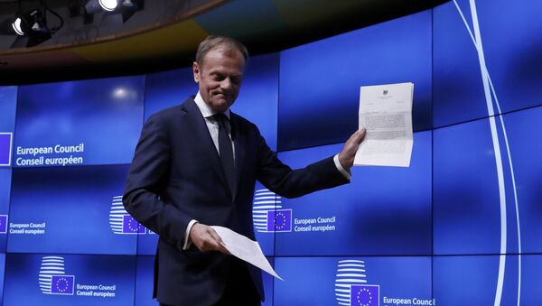 European Council President Donald Tusk leaves after a news conference after receiving British Prime Minister Theresa May's Brexit letter in notice of the UK's intention to leave the bloc under Article 50 of the EU's Lisbon Treaty to EU Council President Donald Tusk in Brussels, Belgium March 29, 2017 - Sputnik International