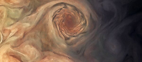 This Juno photo of Jupiter isn't the Red Spot, but rather the white pearl storms on Jupiter, just southwest of the White Oval. - Sputnik International