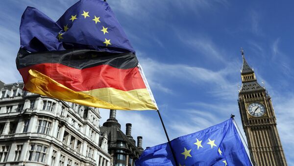 Anti Brexit campaigners carry a Germany flag and European flags outside Britain's parliament in London, Saturday March 25, 2017. - Sputnik International