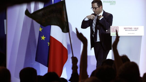 Presidential candidate for the French left's presidential, Benoit Hamon reacts at the end of his meeting in Lille, Northern France, Wednesday, March. 29, 2017 - Sputnik International