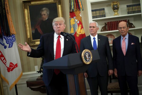 U.S. President Donald Trump speaks during a signing ceremony of executive orders on trade, accompanied by Vice President Mike Pence (C) and U.S. Commerce Secretary Wilbur Ross (R) at the Oval Office of the White House in Washington, U.S., March 31, 2017 U.S. President Donald Trump speaks during a signing ceremony of executive orders on trade, accompanied by Vice President Mike Pence (C) and U.S. Commerce Secretary Wilbur Ross (R) at the Oval Office of the White House in Washington, U.S., March 31, 2017 - Sputnik International