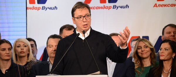 Serbian Prime Minister Aleksandar Vucic, the leading candidate in the Serbian presidential election, at his headquarters in Belgrade - Sputnik International