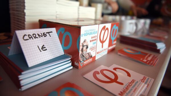 Goodies of French presidential election candidate for the far-left coalition La France insoumise are pictured during a campaign rally on April 2, 2017 in Deols near Chateauroux, Central France - Sputnik International