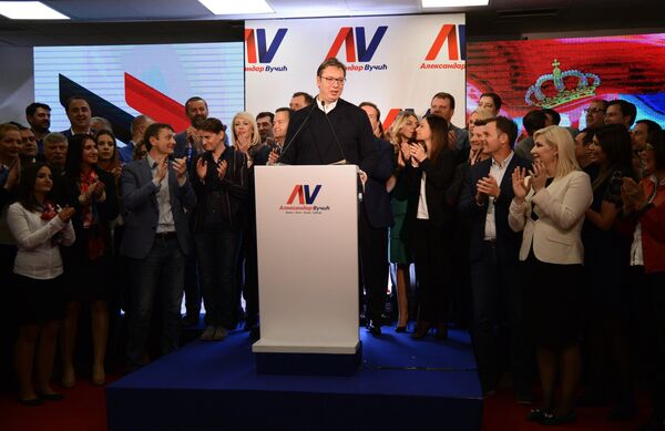 Serbian Prime Minister Aleksandar Vucic, the leading candidate in the Serbian presidential election, at his headquarters in Belgrade Serbian Prime Minister Aleksandar Vucic, the leading candidate in the Serbian presidential election, at his headquarters in Belgrade - Sputnik International