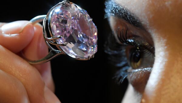 A model poses with a 59.60-carat mixed cut diamond known as The Pink Star which sold for $71.2 million. - Sputnik International