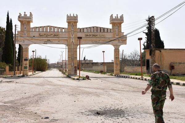 A member of the Syrian government forces walks in Deir Hafer on the eastern outskirts of Aleppo on March 30, 2017, after they took control of the town from Daesh terrorists - Sputnik International