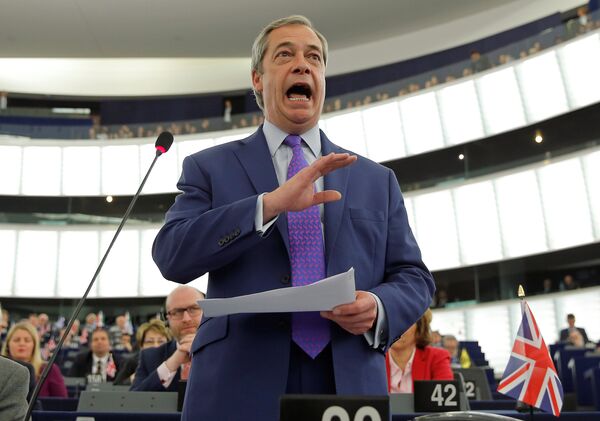 Nigel Farage, United Kingdom Independence Party (UKIP) member and MEP, addresses the European Parliament during a debate on Brexit priorities and the upcomming talks on the UK's withdrawal from the EU, in Strasbourg, France, April 5, 2017. Nigel Farage, United Kingdom Independence Party (UKIP) member and MEP, addresses the European Parliament during a debate on Brexit priorities and the upcomming talks on the UK's withdrawal from the EU, in Strasbourg, France, April 5, 2017. - Sputnik International