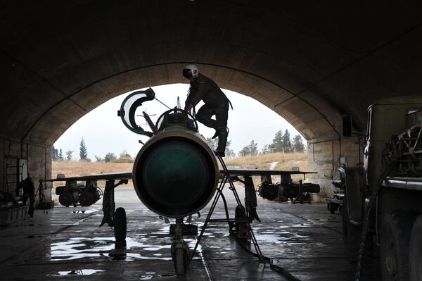 A Syrian pilot checks a MiG-21 aircraft of the Syrian Air Force before a mission at the Hama airbase near the city of Hama, Syria's Hama Province. (File) A Syrian pilot checks a MiG-21 aircraft of the Syrian Air Force before a mission at the Hama airbase near the city of Hama, Syria's Hama Province. (File) - Sputnik International
