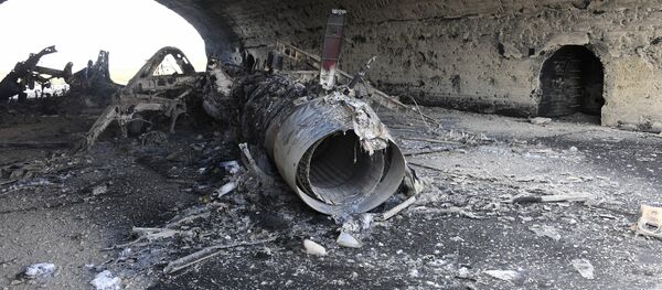 The body of a plane burned as a result of the US missile strike on an air base in Syria - Sputnik International