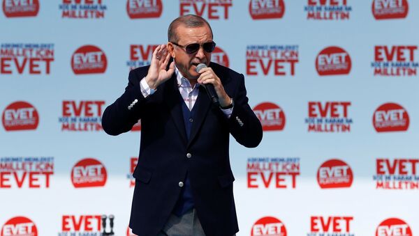 Turkish President Tayyip Erdogan addresses his supporters during a rally for the upcoming referendum, in Izmir, Turkey, April 9, 2017. - Sputnik International