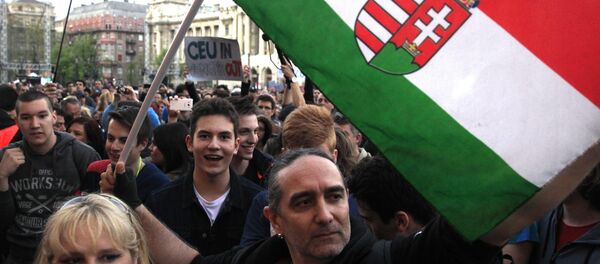 People protest against the bill that would undermine Central European University, a liberal graduate school of social sciences founded by U.S. financier George Soros in Budapest, Hungary, April 9, 2017. - Sputnik International