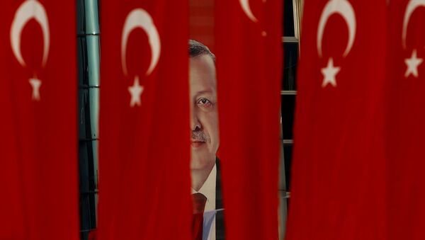 A picture of Turkish President Tayyip Erdogan is seen through Turkish national flags ahead of the constitutional referendum in Istanbul, Turkey, April 14, 2017. - Sputnik International