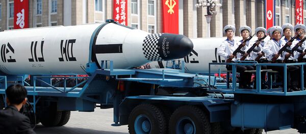 Military vehicles carry missiles with characters reading 'Pukkuksong' during a military parade marking the 105th birth anniversary of country's founding father, Kim Il Sung in Pyongyang, North Korea April 15, 2017. Military vehicles carry missiles with characters reading 'Pukkuksong' during a military parade marking the 105th birth anniversary of country's founding father, Kim Il Sung in Pyongyang, North Korea April 15, 2017. - Sputnik International