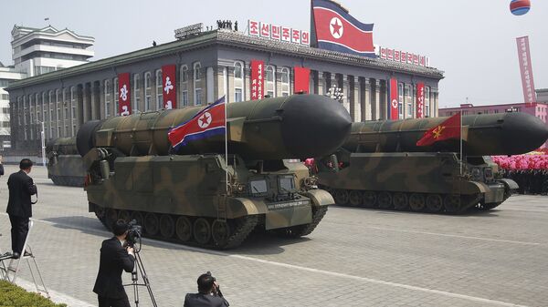 KN-15 Pukkuksong-2 medium-range ballistic missile paraded across Kim Il Sung Square in Pyongyang during a military parade Saturday, April 15, 2017. - Sputnik International