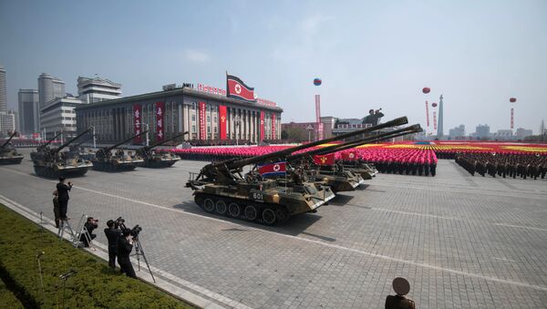 Korean People's Army (KPA) tanks are displayed on Kim Il-Sung square during a military parade marking the 105th anniversary of the birth of late North Korean leader Kim Il-Sung in Pyongyang on April 15, 2017. - Sputnik International