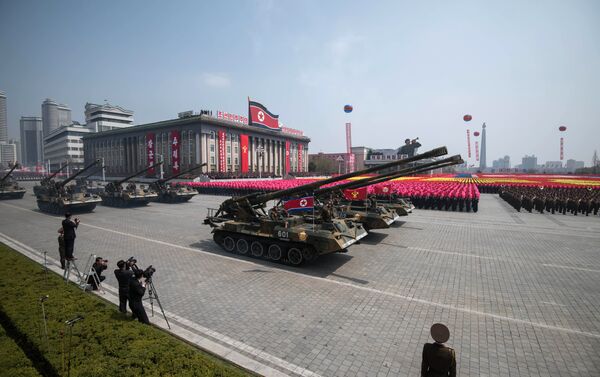 Korean People's Army (KPA) tanks are displayed on Kim Il-Sung square during a military parade marking the 105th anniversary of the birth of late North Korean leader Kim Il-Sung in Pyongyang on April 15, 2017. - Sputnik International