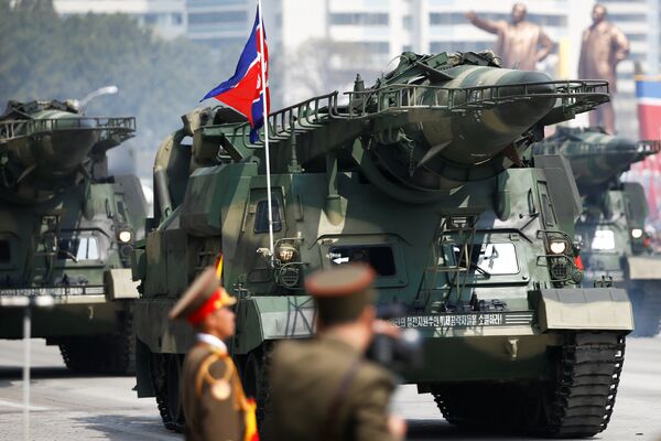 Missiles looking similar to Soviet Scud-As are driven past the stand with North Korean leader Kim Jong Un and other high ranking officials during a military parade in Pyongyang, April 15, 2017. Missiles looking similar to Soviet Scud-As are driven past the stand with North Korean leader Kim Jong Un and other high ranking officials during a military parade in Pyongyang, April 15, 2017. - Sputnik International