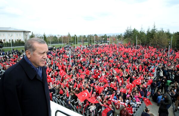 Turkish President Tayyip Erdogan addresses his supporters upon his arrival at Esenboga Airport in Ankara, Turkey, April 17, 2017. Turkish President Tayyip Erdogan addresses his supporters upon his arrival at Esenboga Airport in Ankara, Turkey, April 17, 2017. - Sputnik International