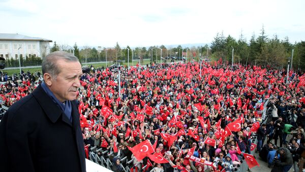 Turkish President Tayyip Erdogan addresses his supporters upon his arrival at Esenboga Airport in Ankara, Turkey, April 17, 2017. - Sputnik International