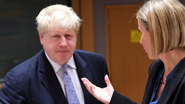British foreign minister Boris Johnson (L) listens to EU foreign policy chief Federica Mogherini during an EU foreign ministers meeting at the European Council, in Brussels, on January 16, 2017 - Sputnik International