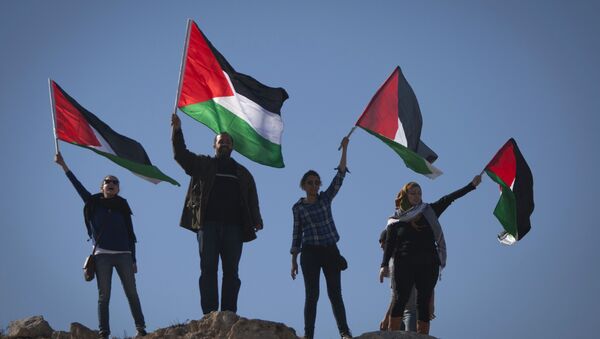 Palestinians wave national flags during a protest - Sputnik International