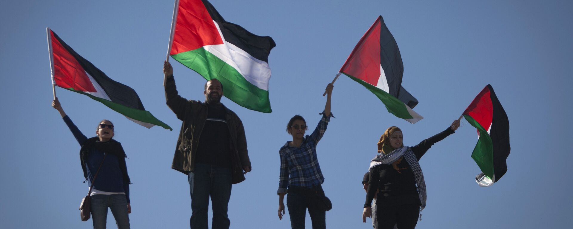Palestinians wave national flags during a protest Palestinians wave national flags during a protest - Sputnik International, 1920, 09.10.2025