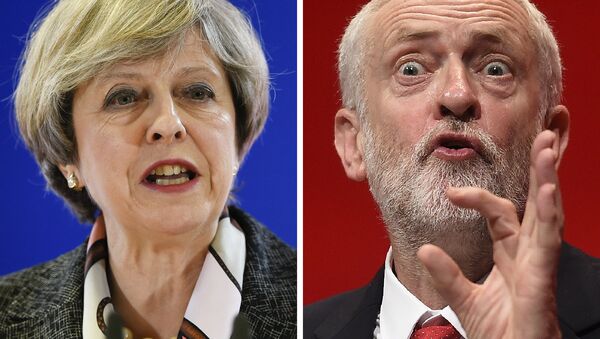 A combination of pictures created in London on April 18, 2017 shows British Prime Minister and Conservative Party leader Theresa May (L) speaking at a press conference during a European Summit at the EU headquarters in Brussels on March 9, 2017 and Britain's main opposition Labour Party leader Jeremy Corbyn (R) speaking on the fourth day of the annual Labour Party conference in Liverpool, north west England on September 28, 2016. - Sputnik International