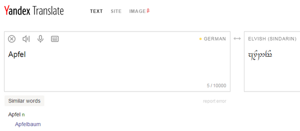 A screenshot of a Yandex translation from German to Elvish, Tolkien's fictional language which was launched last year A screenshot of a Yandex translation from German to Elvish, Tolkien's fictional language which was launched last year - Sputnik International
