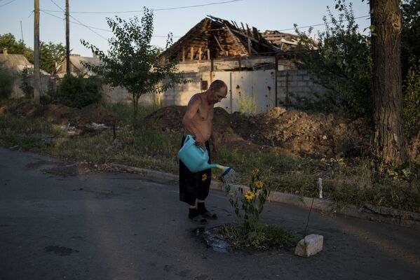 A man is gardening at one of the streets of Vesyoloye village in Donetsk region. - Sputnik International