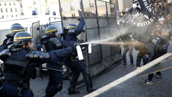 Police officers spray gas on demonstrators during a protest in Paris - Sputnik International