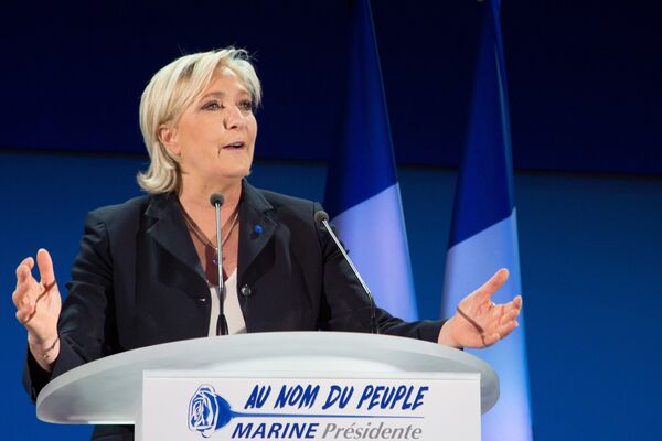Marine Le Pen, French presidential candidate and leader of the political party the National Front, during a news conference following the first round of the presidential election. Marine Le Pen, French presidential candidate and leader of the political party the National Front, during a news conference following the first round of the presidential election. - Sputnik International
