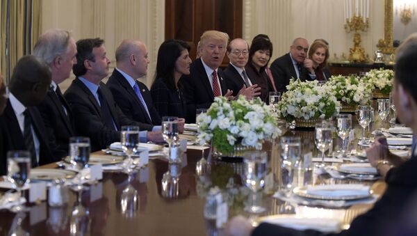 President Donald Trump, sitting next to U.S. Ambassador to the UN Nikki Haley, speaks during a working lunch with ambassadors of countries on the United Nations Security Council and their spouses in the State Dining Room of the White House in Washington - Sputnik International